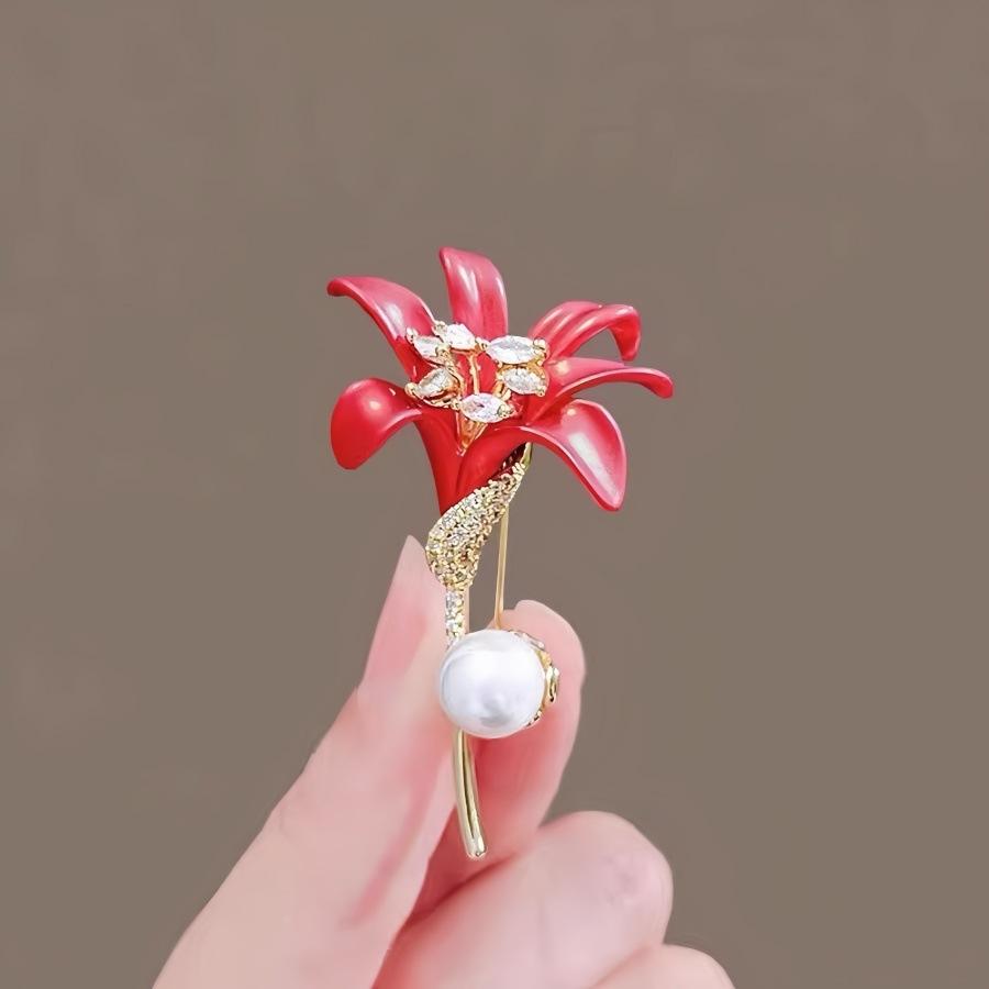 New trendy red lily flower brooch luxury high-end brooch jacket suit high-end pin accessories