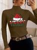 [Christmas] Women's Fashionable and Elegant Half Turtleneck Top Merry Christmas Hat Printed Slim Bottoming Shirt