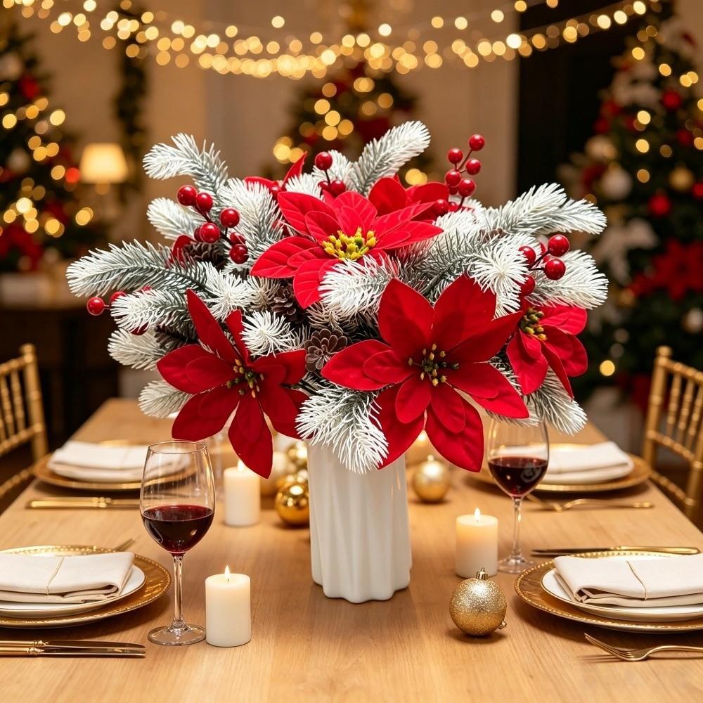 Green Pine Leaves Christmas Pine Branches Red Berry Artificial Plant Home Decoration
