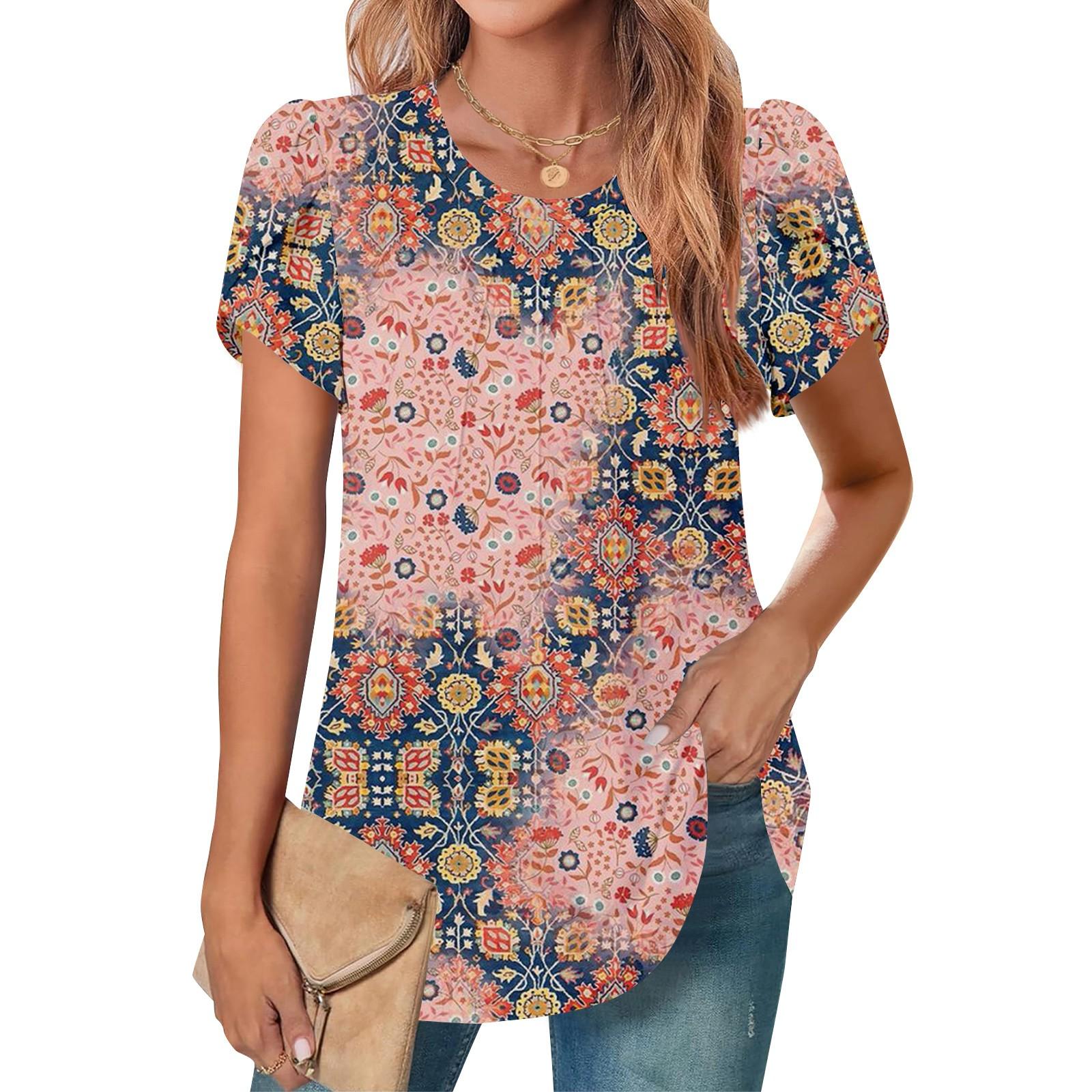 

Женский повседневный топ с круглым вырезом и коротким рукавом, с плиссировкой и расклешенными рукавами, с цветочным принтом M