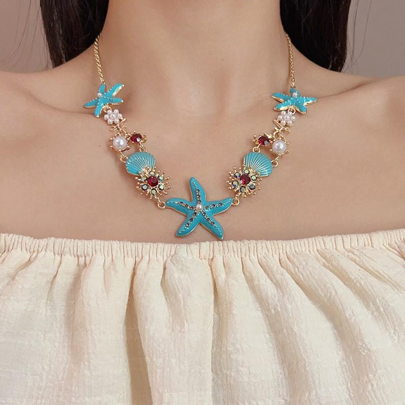 Summer Beach Colorful Vibe Starfish Shell Necklace for Women Imitation Pearl Choker Clavicle Chain Holiday Party Jewelry Gift