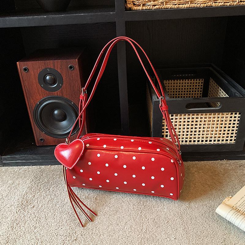 Light Luxury Texture Red Polka Dot Shoulder Bags Women's New Trend PU Leather Zippers Underarm Bag Simple Vintage Lady Handbags