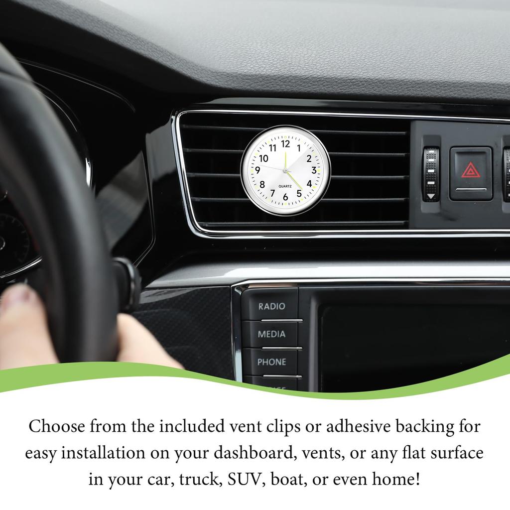 DXNQ 2pcs Stick-on Dashboard Car Clock Mini Luminous Analog Clock with Vent Clip &