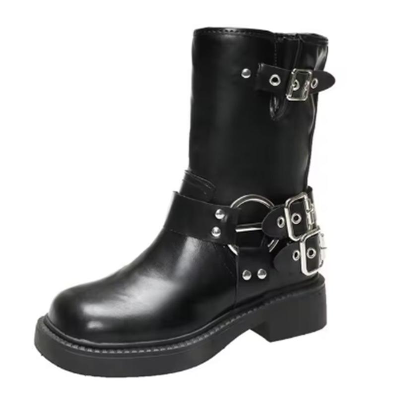 Fashion Winter Platform Synthetic Leather Boots Women Shoes Fashion Slip On Mid Heel Botas Ladies Retro Mordern Booties