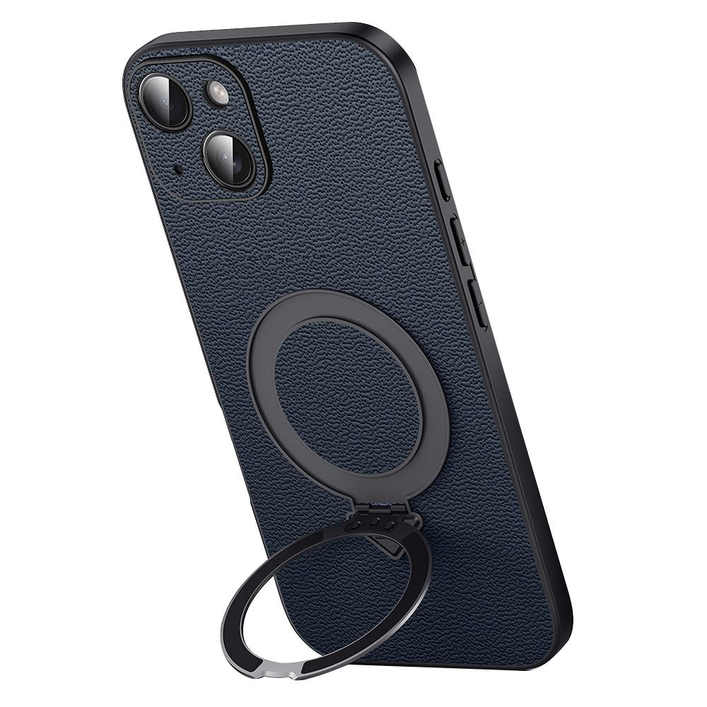 

For iPhone 15 Case Compatible with MagSafe Genuine Cow Leather+PC Kickstand Phone Cover Sapphire