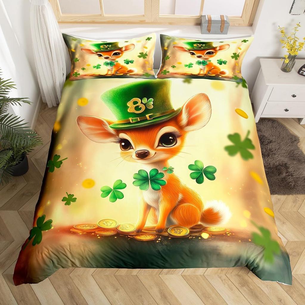 St.Patrick'S Day Duvet Cover Twin Queen Lucky Clover Leaves Bedding Set For Boys Girls Cartoon Comforter Cover With 2 Pillowcase