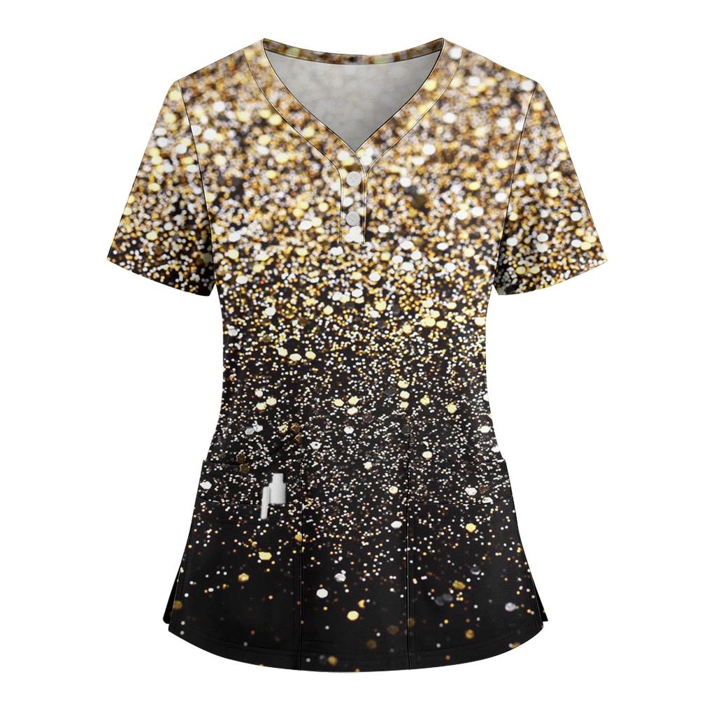 Women's Loose Short Sleeved Fashionable Polka Pots And Geometric Printing V-neck Buttonable Side Slit Top T-shirt