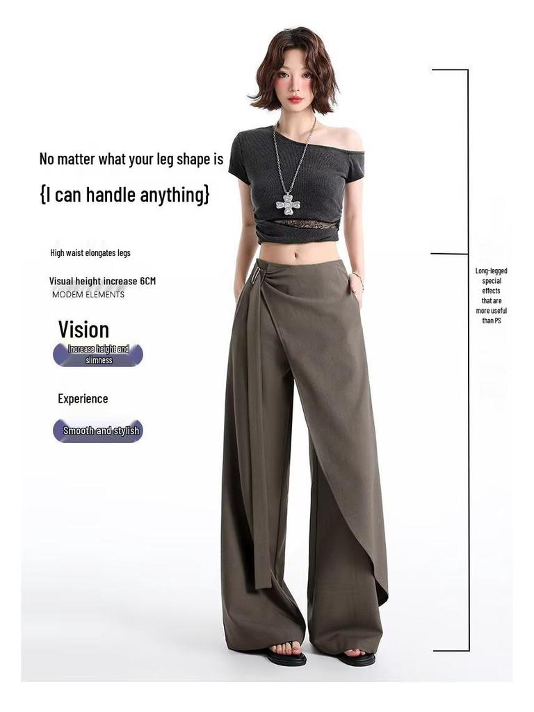 Women's Brown-Gray Wide-Leg Pants with Flowing Ribbons, 2026 New Style, Slimming, Good Drape, Casual Straight-Leg Suit Pants.
