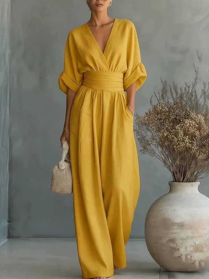 Elegant V-Neck Waist-Cinching Women's Jumpsuit for Spring and Summer