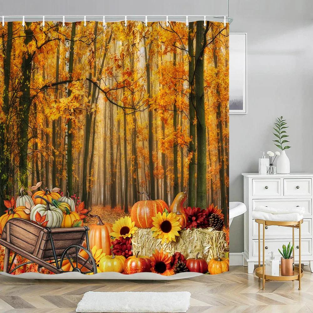Fall Maple Shower Curtain Thanksgiving Harvest Pumpkin Orange Autumn Maple Leaves Sunflowers Fabric Bathroom Decor Bath Curtains