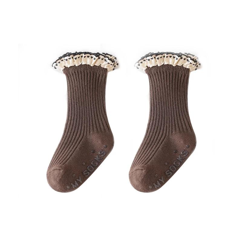 

Осенние носки для девочек из чесаного хлопка с кружевом в виде сердца, носки принцессы, противоскользящие носки для новорожденных, аксессуары для малышей 0-3 года 0 to 1 year