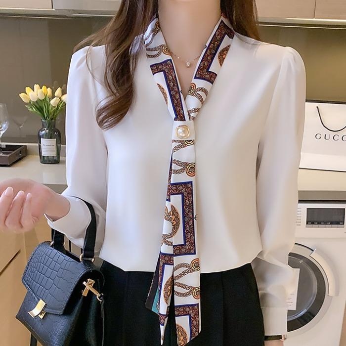 Chiffon Shirt for Women In Spring and Autumn Fashionable Streamers Design Niche Satin Shirt Temperament Long-sleeved Top