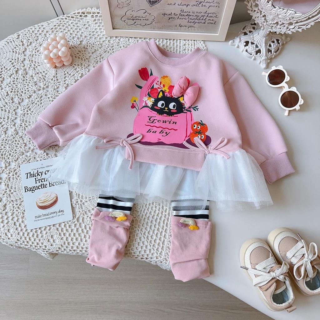 Baby Girls' Cartoon Sweatshirt & Striped Leggings Set - Autumn/Spring