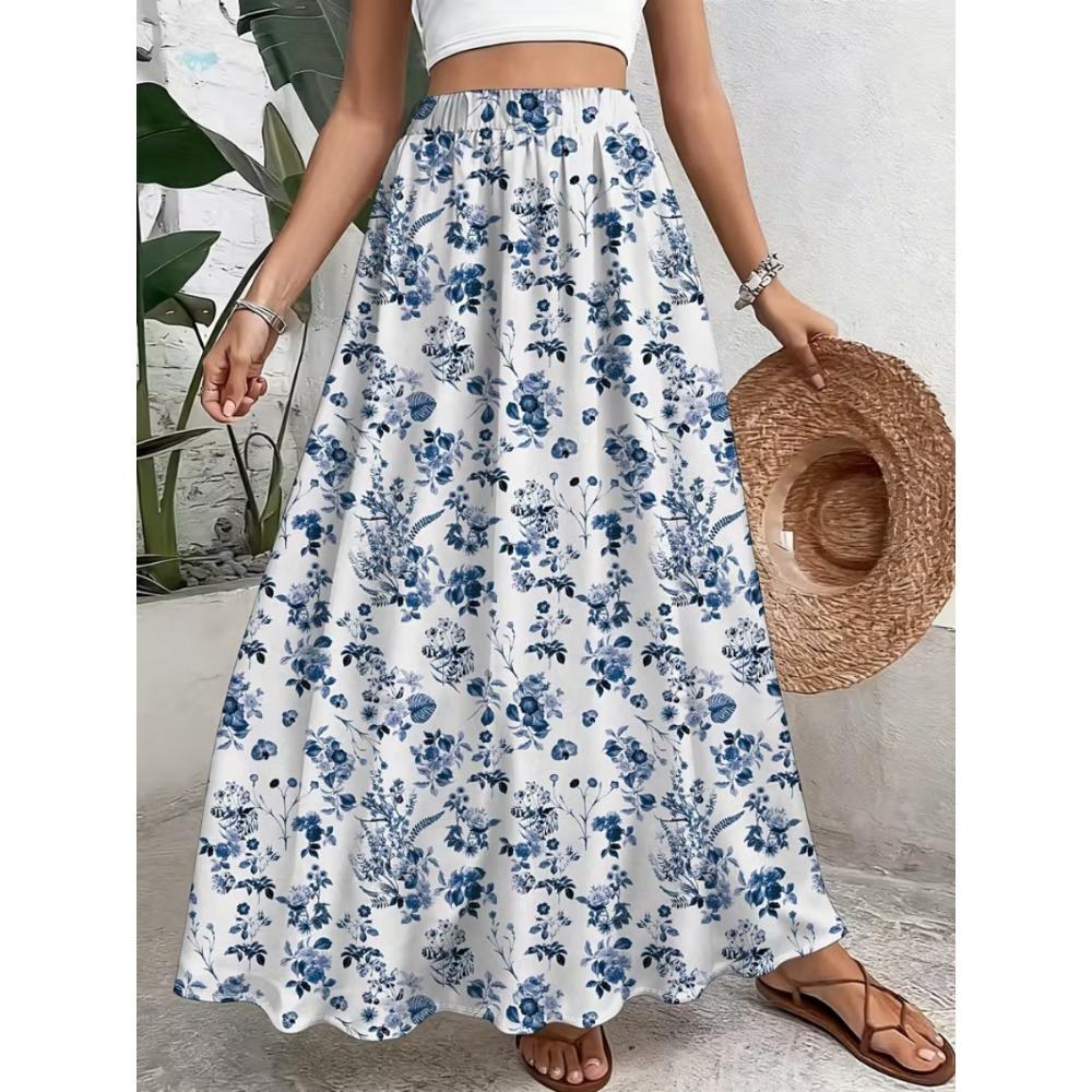 Women's Colorful Flower Printed High Waist Skirt Swing Skirt Elastic High Waist Flower Elegant Party Skirt