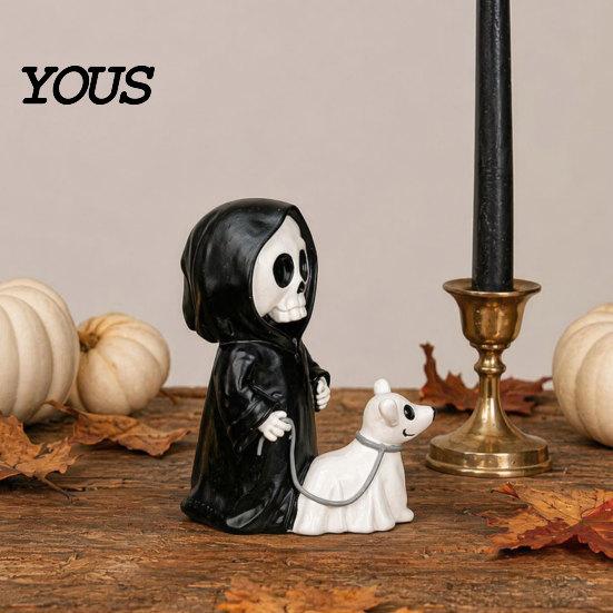 3D Carved Skeleton Decoration Grim Reaper & Ghostly Puppy Resin Figurine, Black Robed with Cute Mini Halloween Figurine 13cm Ghost Dog