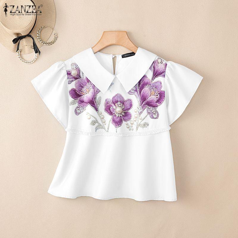 ZANZEA Women Casual Round Neck Loose Short Sleeve Floral Print Blouse