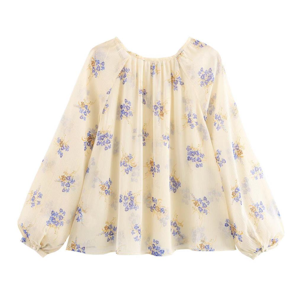 2025 Spring/Summer Floral Print Semi-Sheer Tie Long Sleeve Women's Shirt