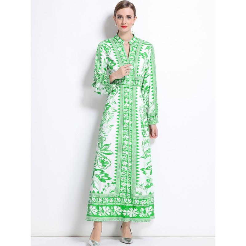 Spring Autumn Women Vintage Print Runway Dresses Full Sleeve Single Breasted Long Maxi Party Dress