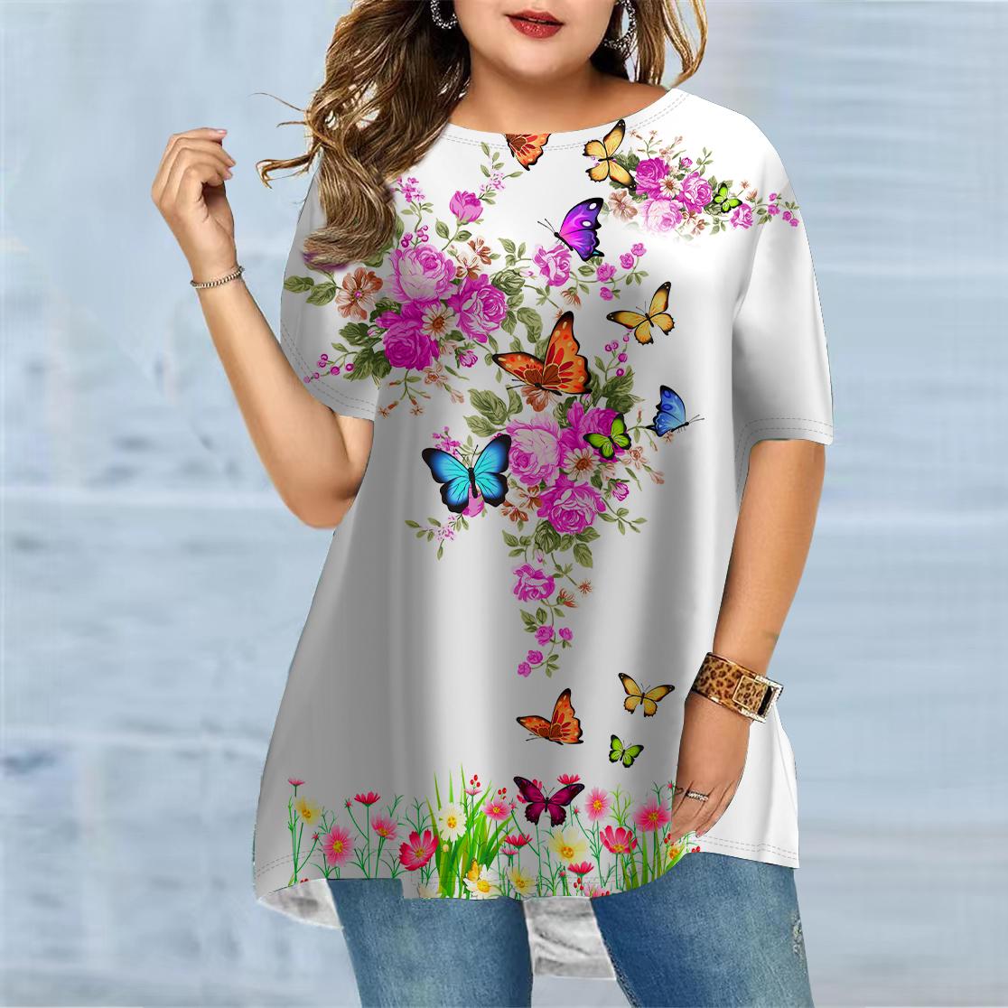 

Женская летняя садовая футболка с принтом бабочки больших размеров, удобная футболка с короткими рукавами и круглым вырезом, повседневная мешковатая футболка средней длины XS розовый