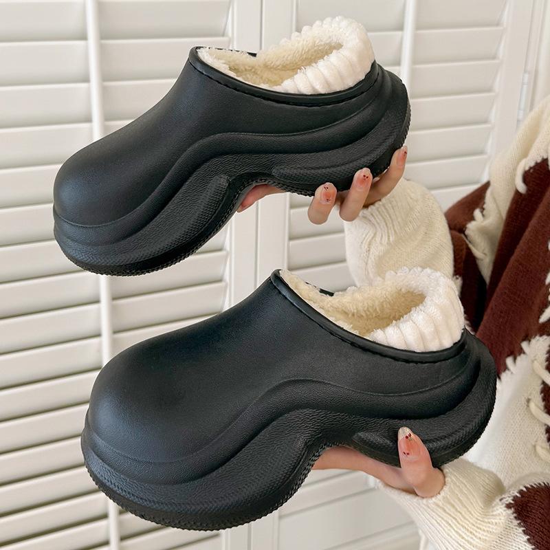 Super thick-soled solid color bag heel waterproof cotton slippers, autumn and winter outer wear heightening non-slip velvet warm fashion cotton shoes