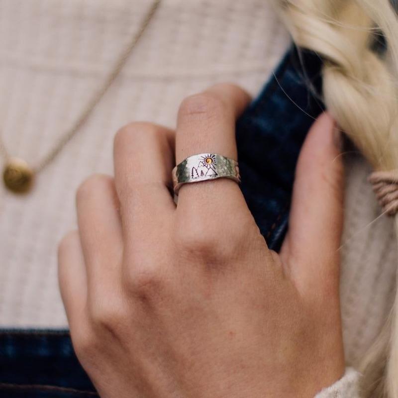 Forest Mountain Sunset Nature Landscape Carved Ring for Women Men Yellow Crystal Rings Wedding Ring Anniversary Gift Wholesales