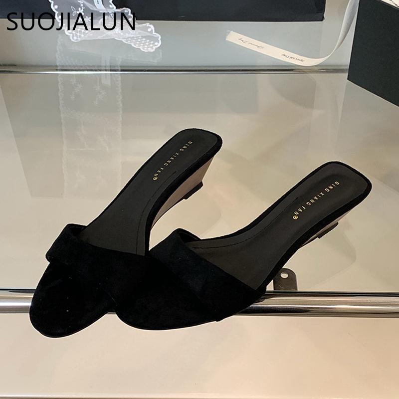 Fashion SUOJIALUN 2025 Summer New Women Slipper Fashion Low Wedge Heel Ladies Elegant Slides Open Toe Outdoor Dress Sandal Shoes