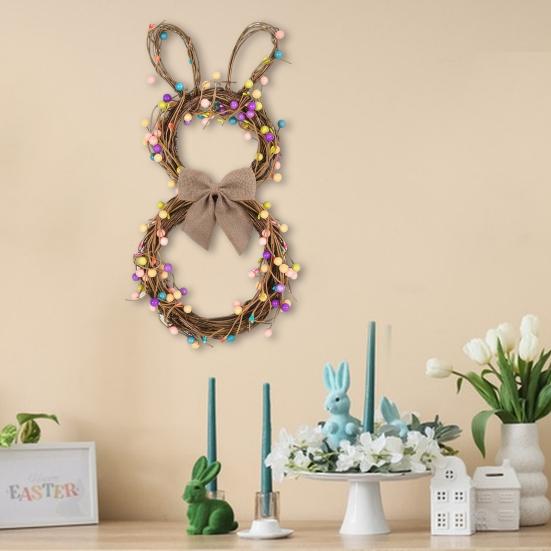 Easter Bunny Wreath with Pastel Eggs Artificial Twig Wreath with Burlap Bow Spring Rabbit Shaped Door Wreath for Front Door Decor