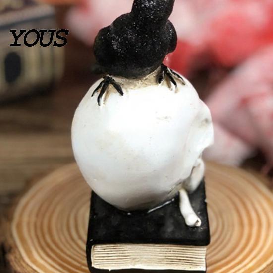 Miniature Crow Bone Sculpture Mystical Raven on Skull Statue, Gothic Perching Figurine Decorative Resin Skeleton with Book, Spooky Halloween for Desk