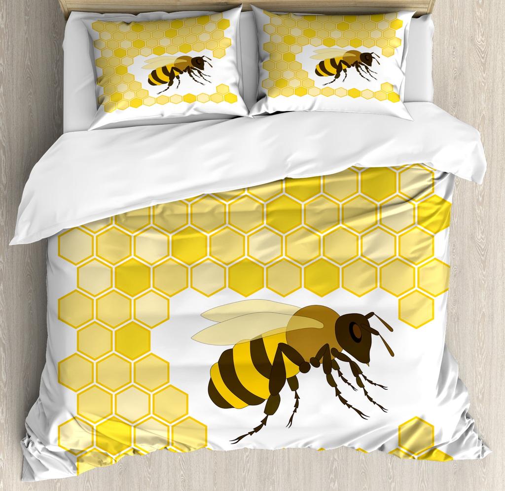 Be Quen Sized Dimensions Soft Duvet Cover Set, Bumble Bes Producing Honey By Filing Honeycombs Cels Themed Graphic Image Print, Soft Warm