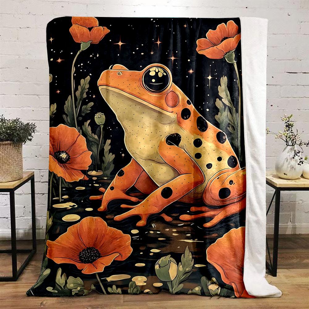 Spotted Frog Among Poppy Flowers Patterned flannel blanket perfect for the bedroom living room, sofa, or a little nap