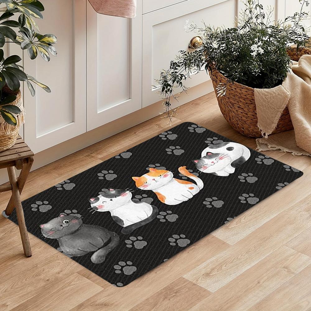 Adorable Cartoon Cat Carpet Mat Rug, Cute  Charming Home Decoration with Black Tone for Living Room Bedroom Home Rug