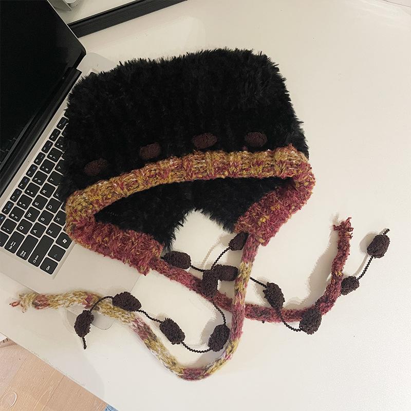 

Осень и зима милая плюшевая вязаная шапка с медведем детская цветная шапка с защитой ушей на завязках показывает маленькое лицо One size