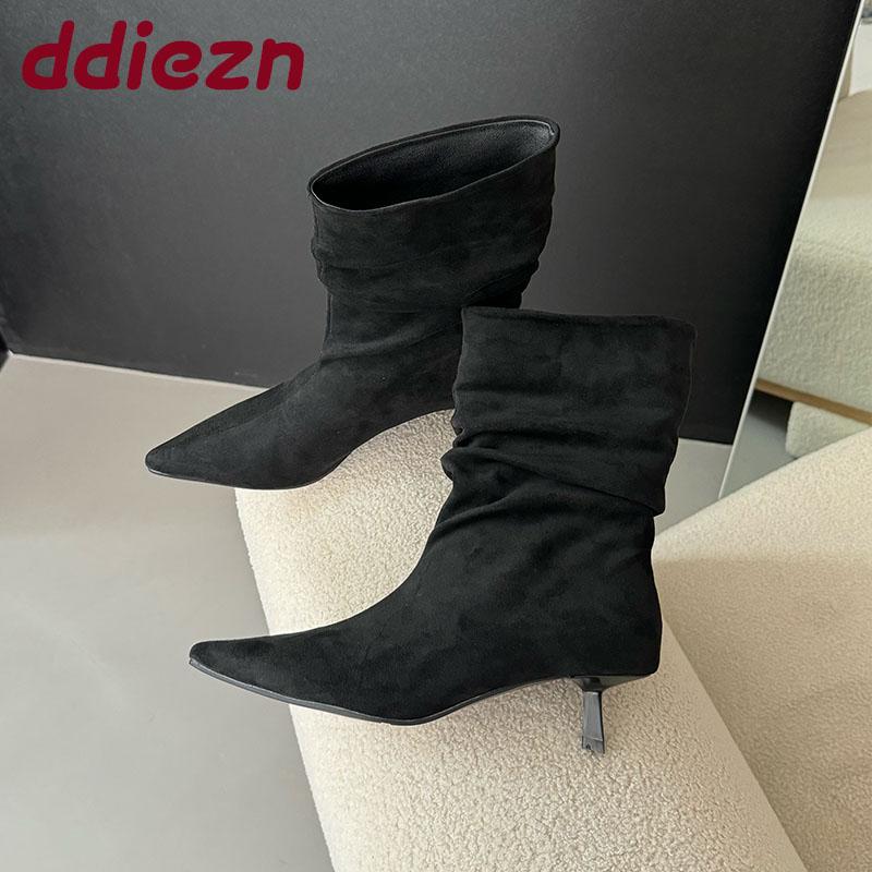 Fashion Fashion Heels Footwear Women Ankle Modern Boots Slip On Shoes Female Pointed Toe Pleated Ladies Short Boots Shoes Pumps