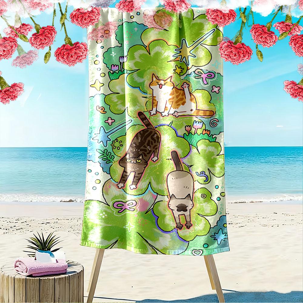 Playful Cats and Clover Design A Must-have Beach Towel for Beach Travel
