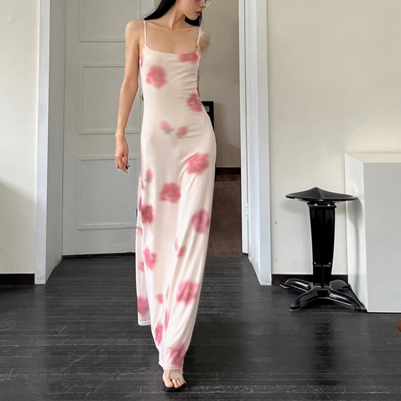 Fairycore Grunge Elegantní Midi šaty Dámské Y2k Vintage Streetwear Špagetový pásek s vysokým pasem Květiny Společenské šaty s potiskem Žena