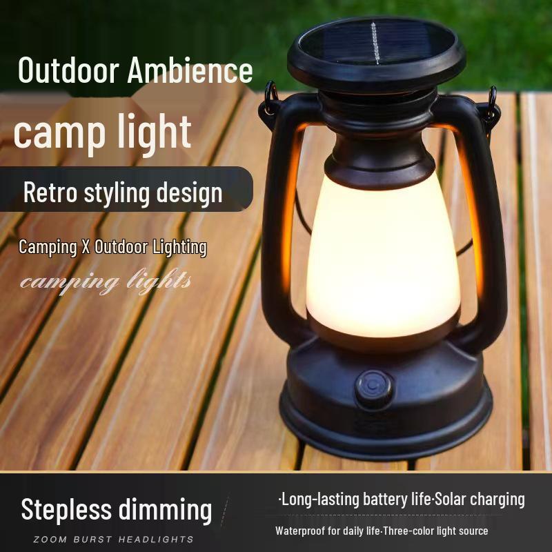 Retro Three-Color Dimmable LED Solar Hanging Light for Outdoor Camping