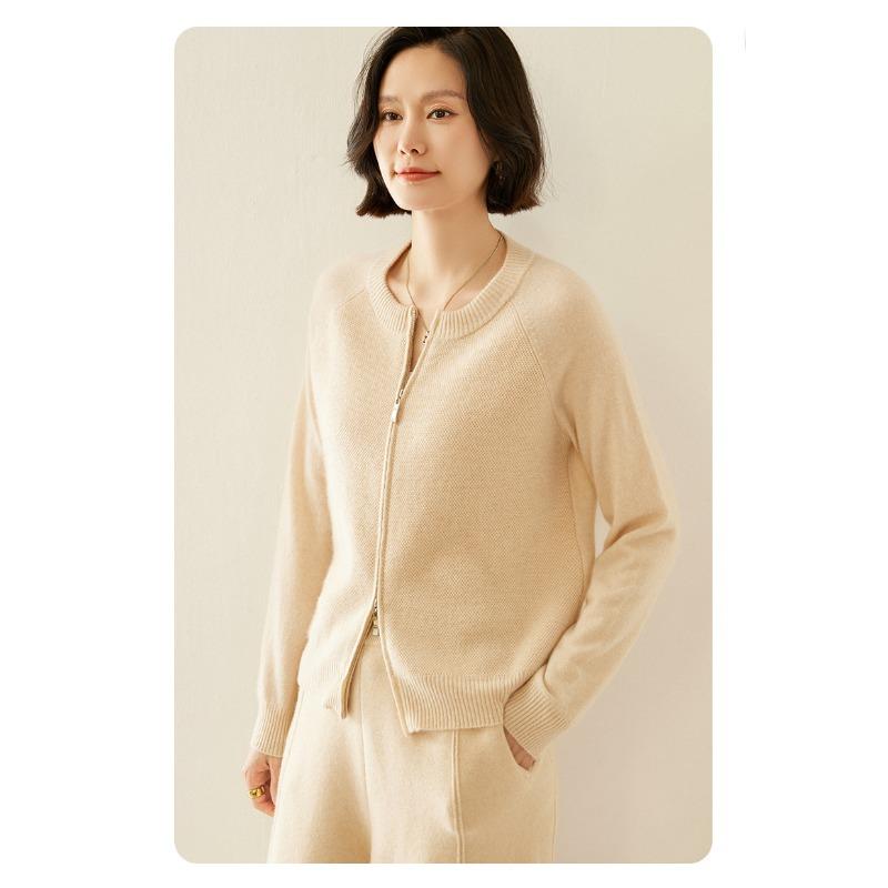 Round Neck Cashmere Cardigan for Women In Autumn and Winter Fashion Versatile Zipper Cardigan Jacket Long Sleeve Knitted Sweater