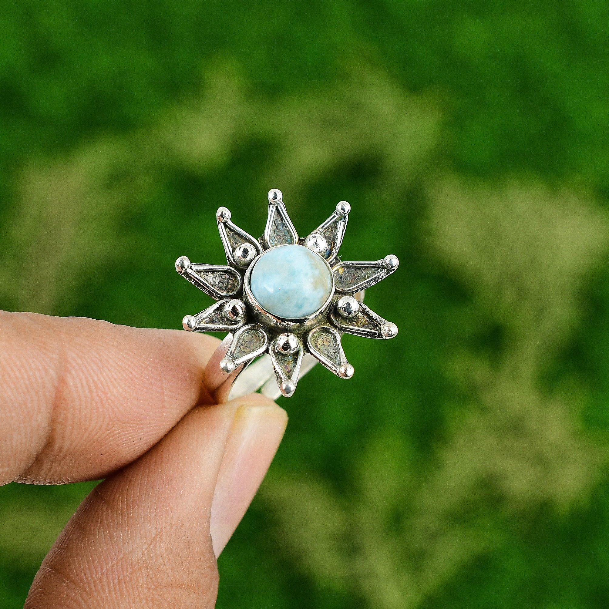 

Womens day Deal 925 Silver Larimar Stone Promise Bezel Flower Boho Ring Jewelry Adjustable