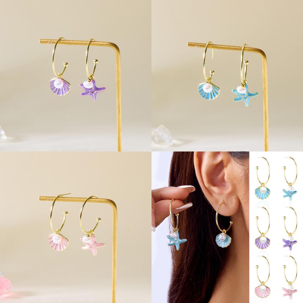 Fresh Style Shell Pearl Earrings For Women With Asymmetric Design And Electroplated Alloy