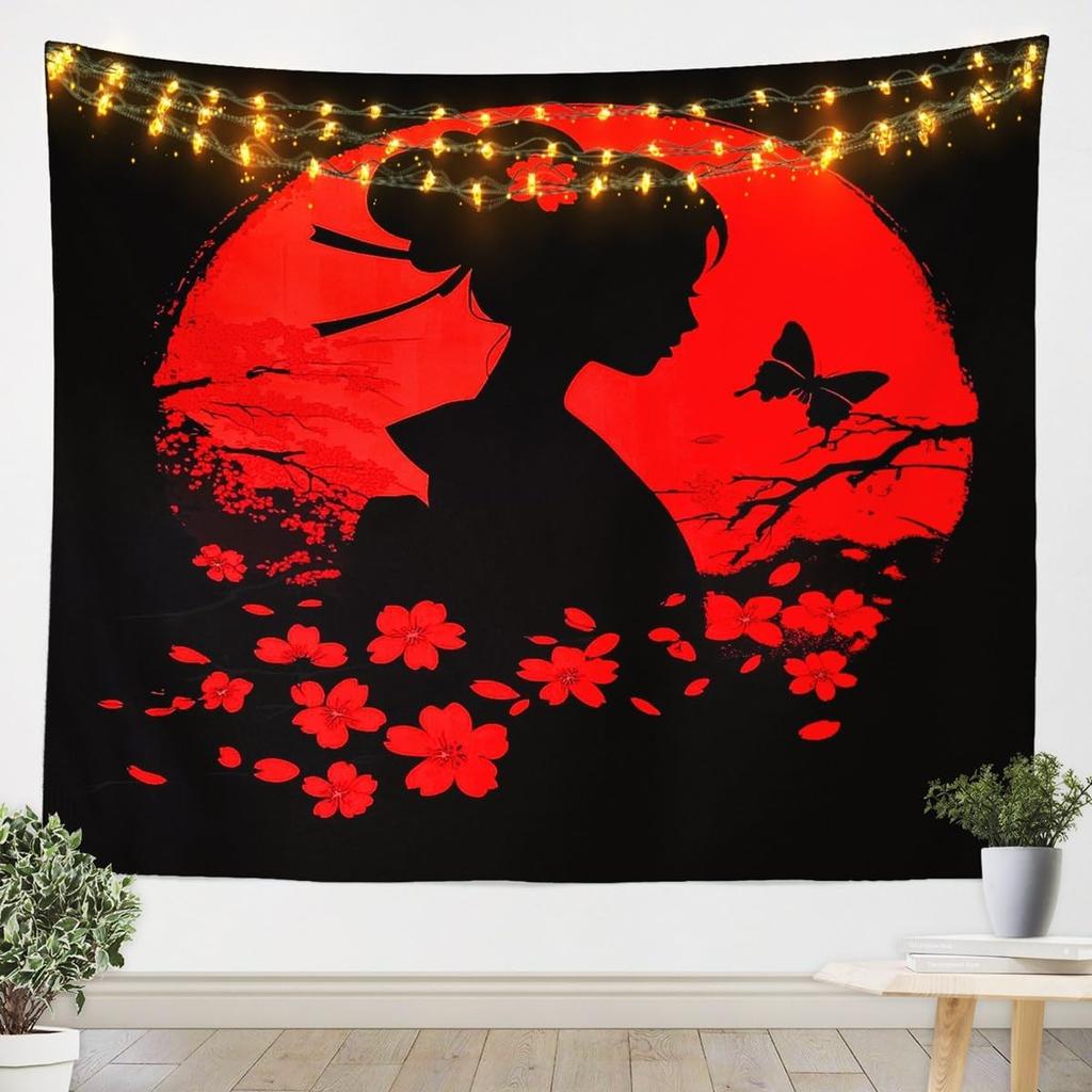 Japanese Girls Geisha Tapestry Large Kids Pink Cherry Blossoms Wall Hanging for Boys Teens Japanese Ukiyoe Wall Blanket Mount