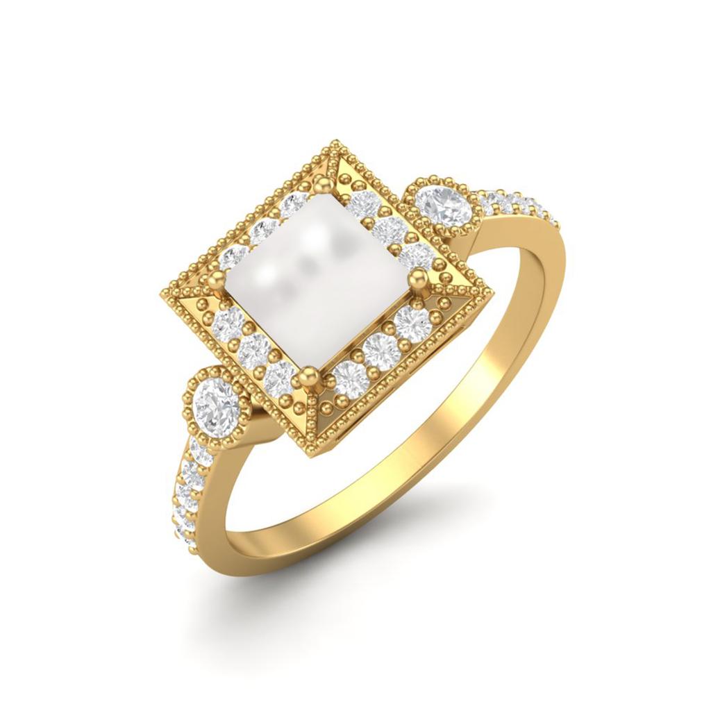 1.27 Cts Pearl Square Shape Solitaire 925 Sterling Silver Gold Vermeil Wedding Women Ring