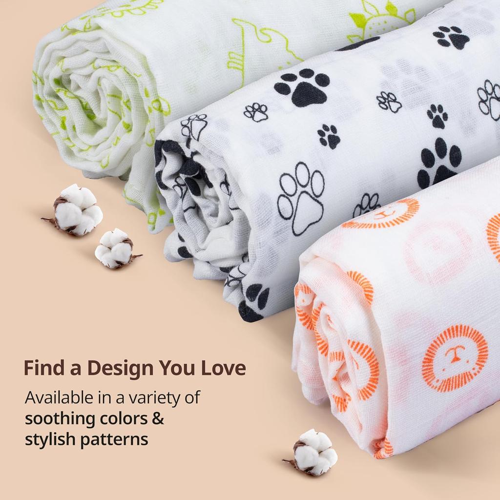 LuvLap 100% Cotton Muslin Baby Swaddle Set, Pack of 3, Breathable Soft Baby Towel Wrap for Newborns, 120cm X 100cm Animals