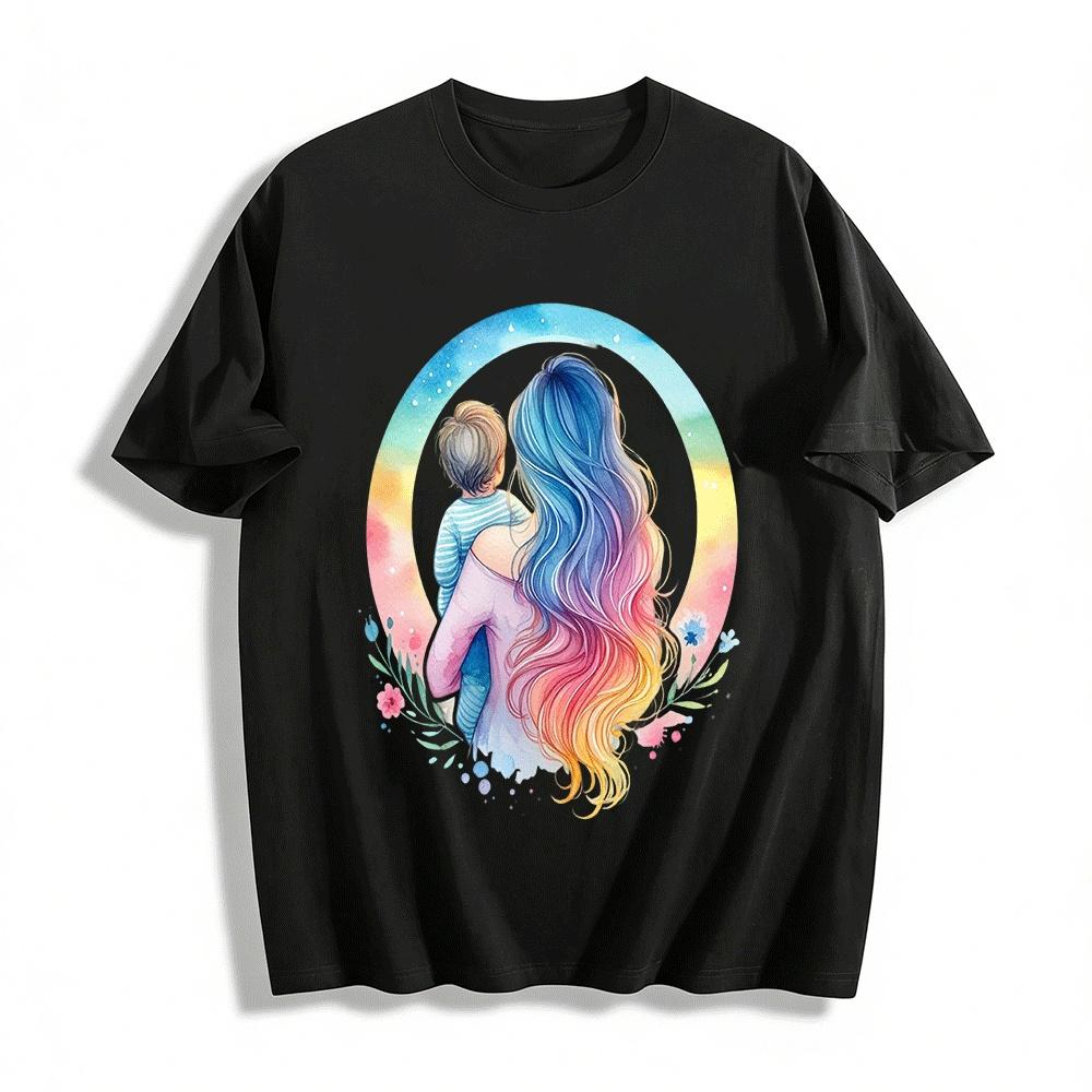Watercolor Mother And Child Back Print Casual Adult Top Pure cotton T-shirt XXS