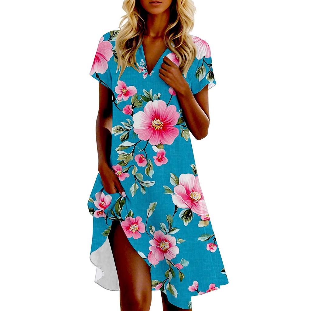 Women's Casual Fashion Stand Collar Floral Print Short Sleeve Dress