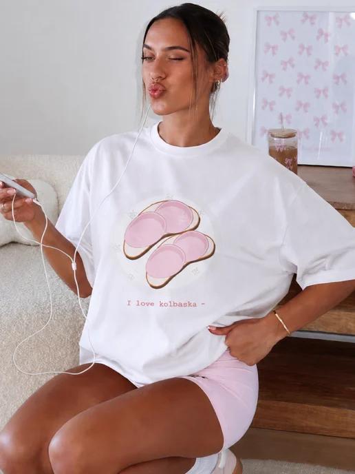 Oversized Y2K-print T-shirt: I love kolbaska M