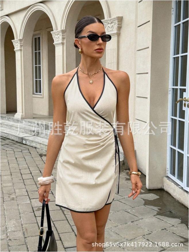 

Summer new European and American style V-neck neck suspender dress women s short strap backless sexy A-shaped skirt XS