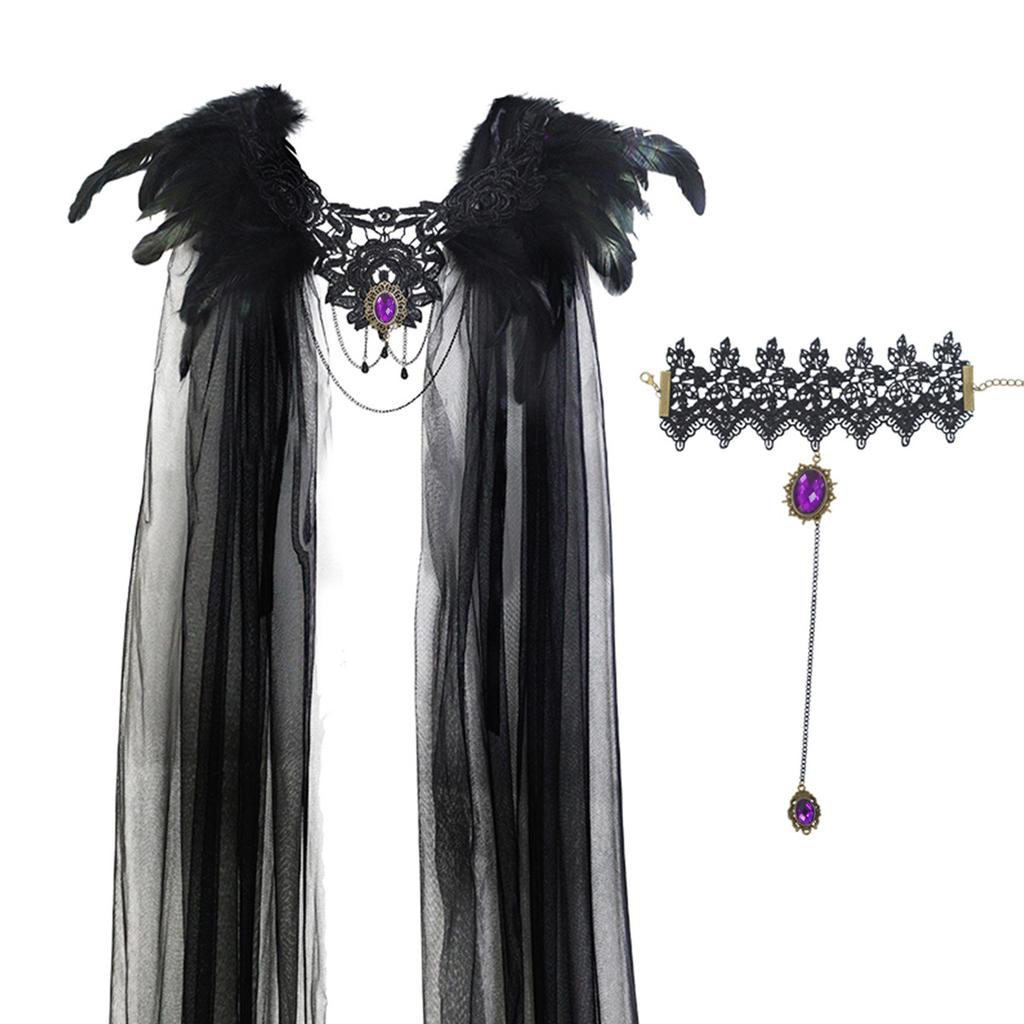 Halloween Cloak Black Feather Mesh Cloak Medium Dress Jewel Bracelet Stage Party Dance