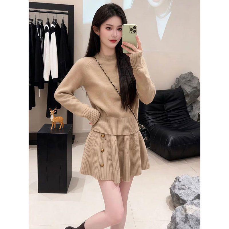 

Women s Winter Korean Knit Two-Piece: Round Neck Sweater & High-Waist Pleated Skirt 3XL (for 65-70kg)