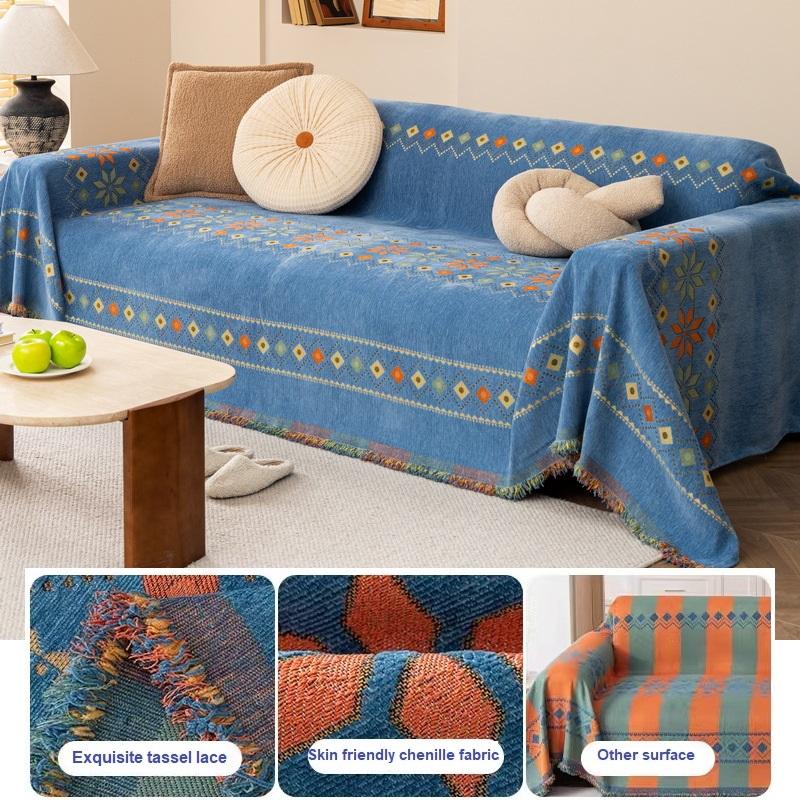 Popular Jacquard Chenille Sofa Towel With Tassels Decor For Living Room, Picnic,Camping, Large Blanket Leisure Relax Beach