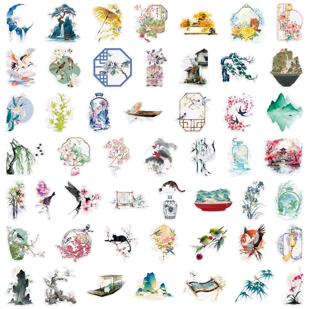 50 Chinese Ancient Style HD PET Waterproof Stickers: Journal Decor & Phone Case DIY Transparent Sheets